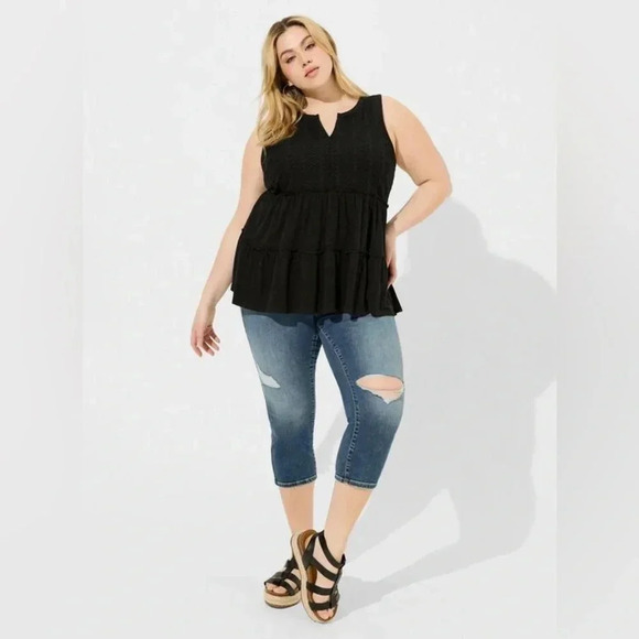 ☘️ New Torrid Vintage Slub Notch Neck Lace Babydoll Top, Size 0 (12), Deep Black - Picture 4 of 9